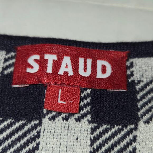 Staud Womens Large Trail Top Cropped Knit Tank Gingham Check Navy Blue Cropped - Picture 2 of 10